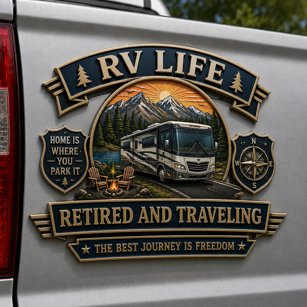 RV Life Retired and Traveling Metal Car Emblem
