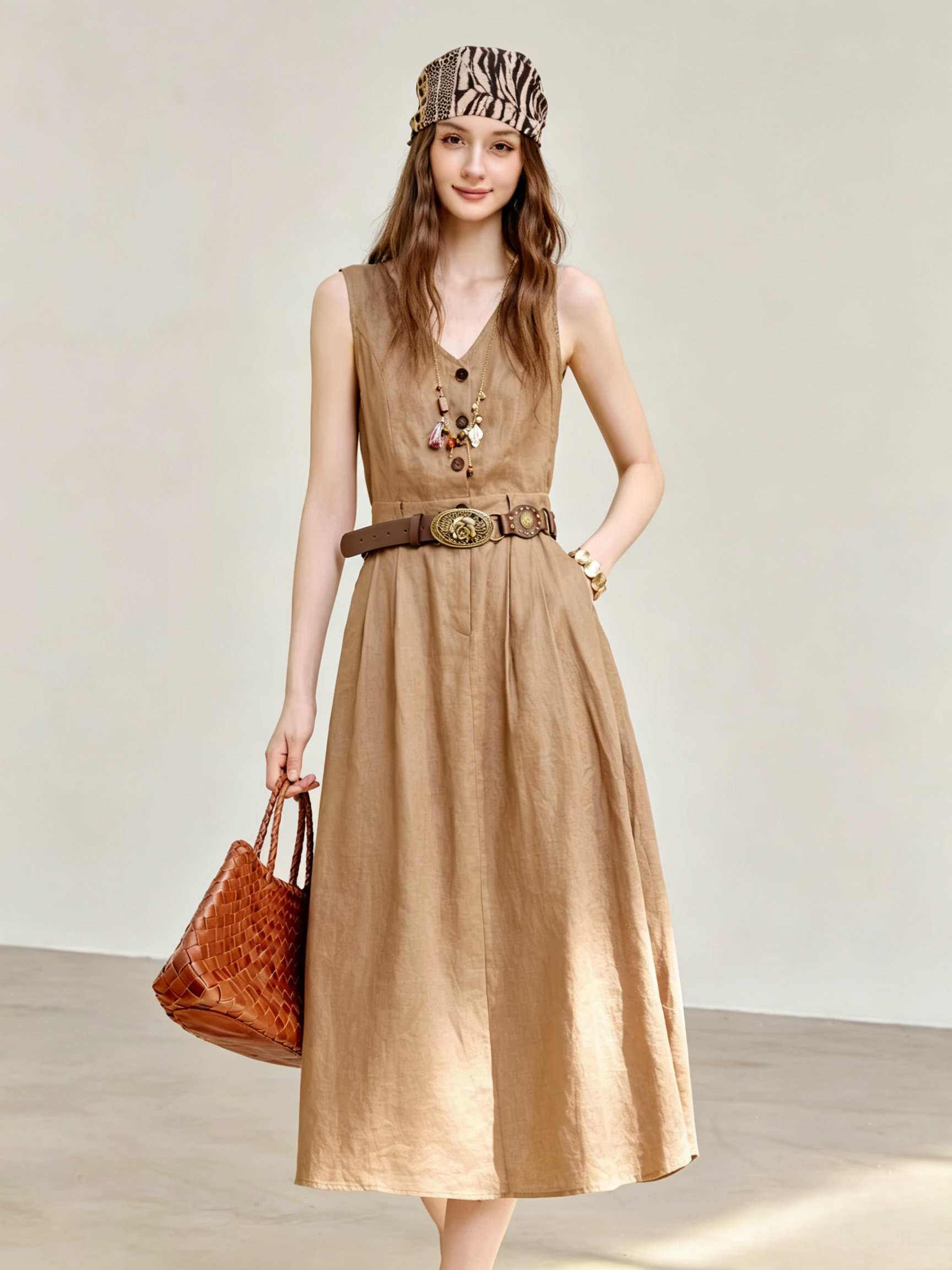 Khaki Sleeveless Midi Dress