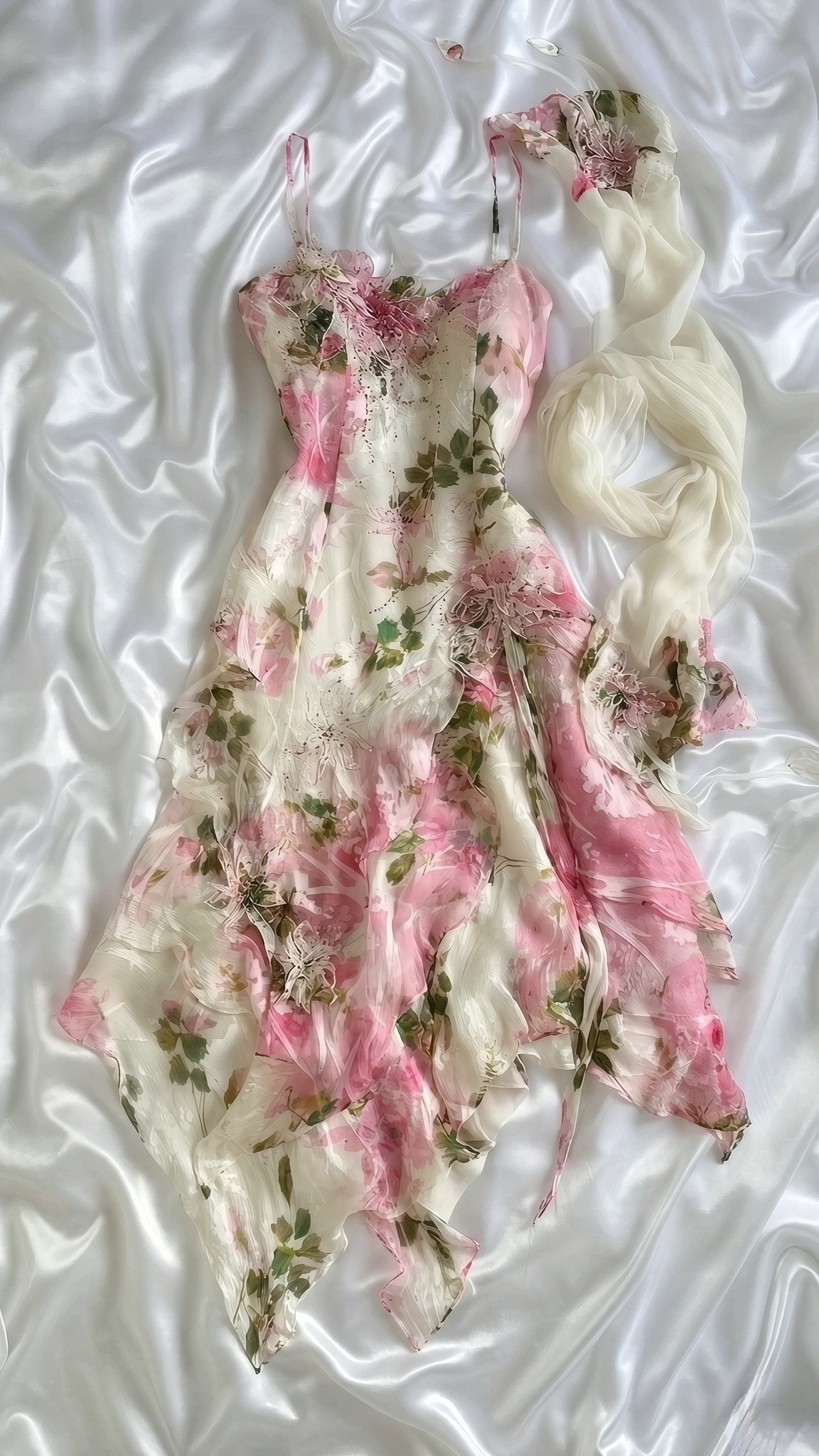 Floral Embroidered Asymmetric Handkerchief Midi Dress