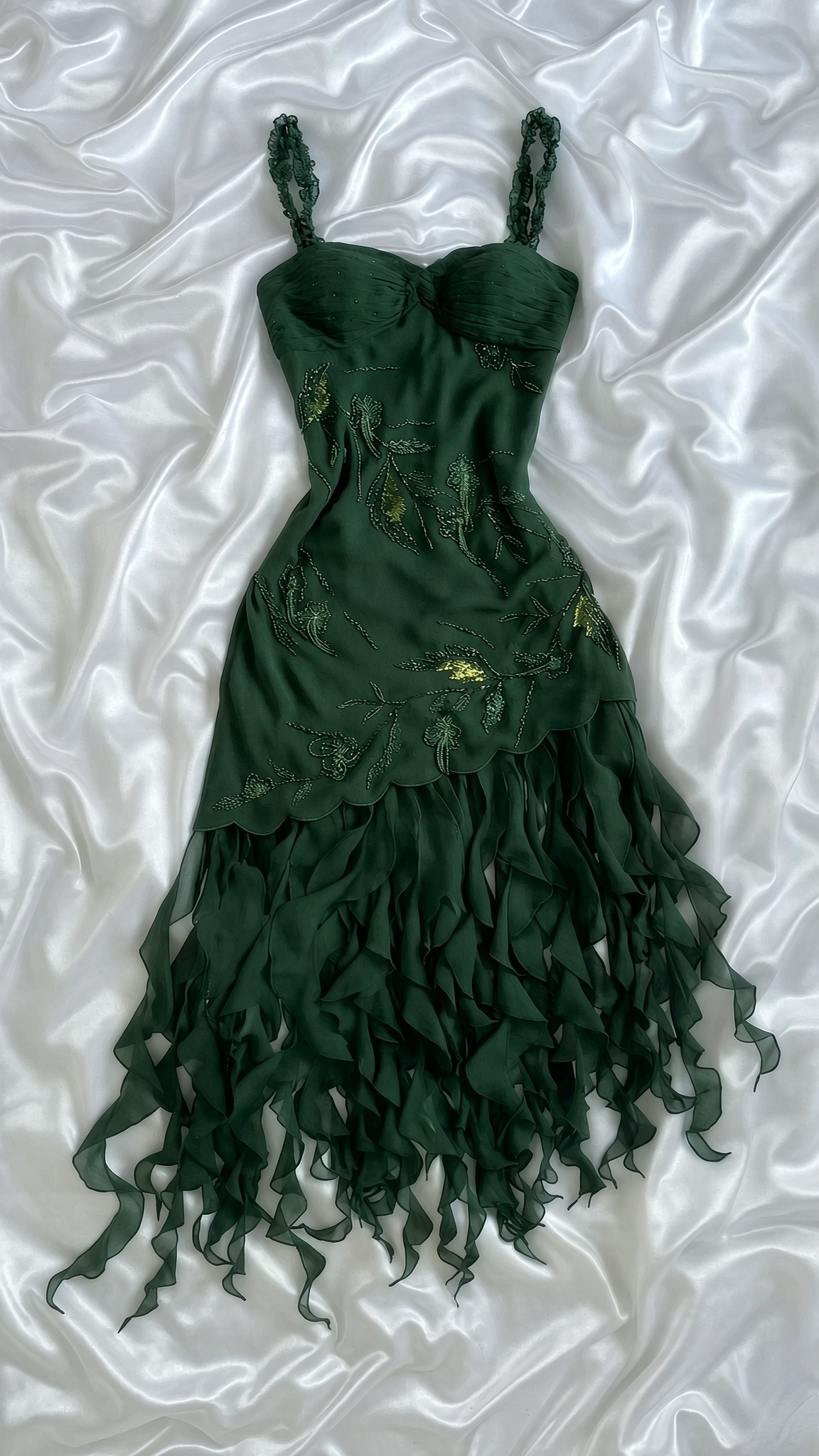 Embroidered Beaded Tiered Ruffle Midi Dress with Sweetheart Neckline
