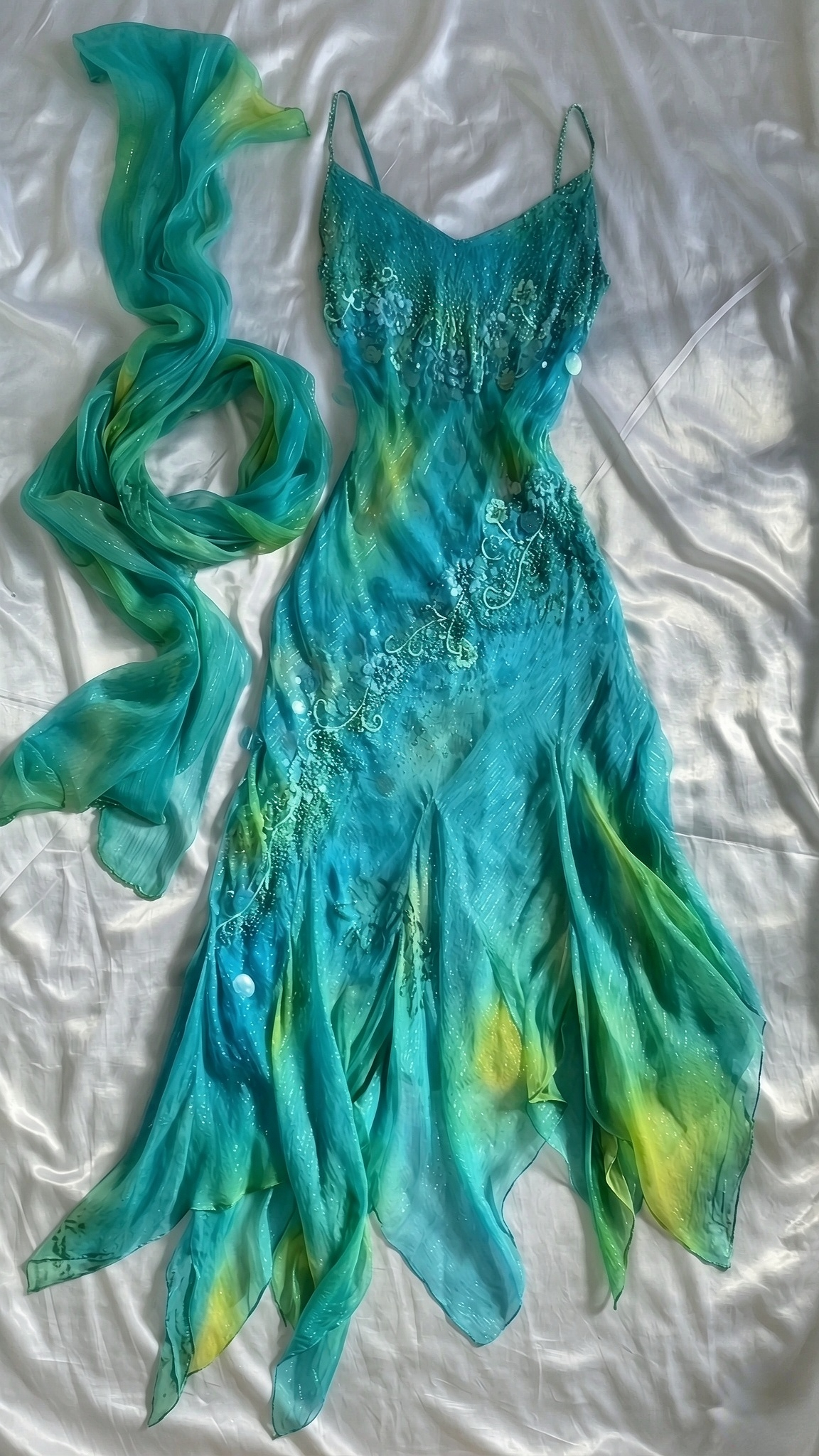 Floral Sequin Embroidered Handkerchief Hem Cami Midi Dress
