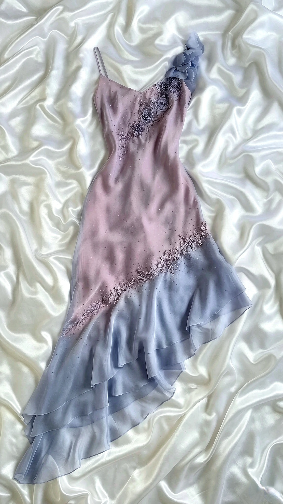Floral Applique Asymmetrical High-Low Chiffon Evening Dress