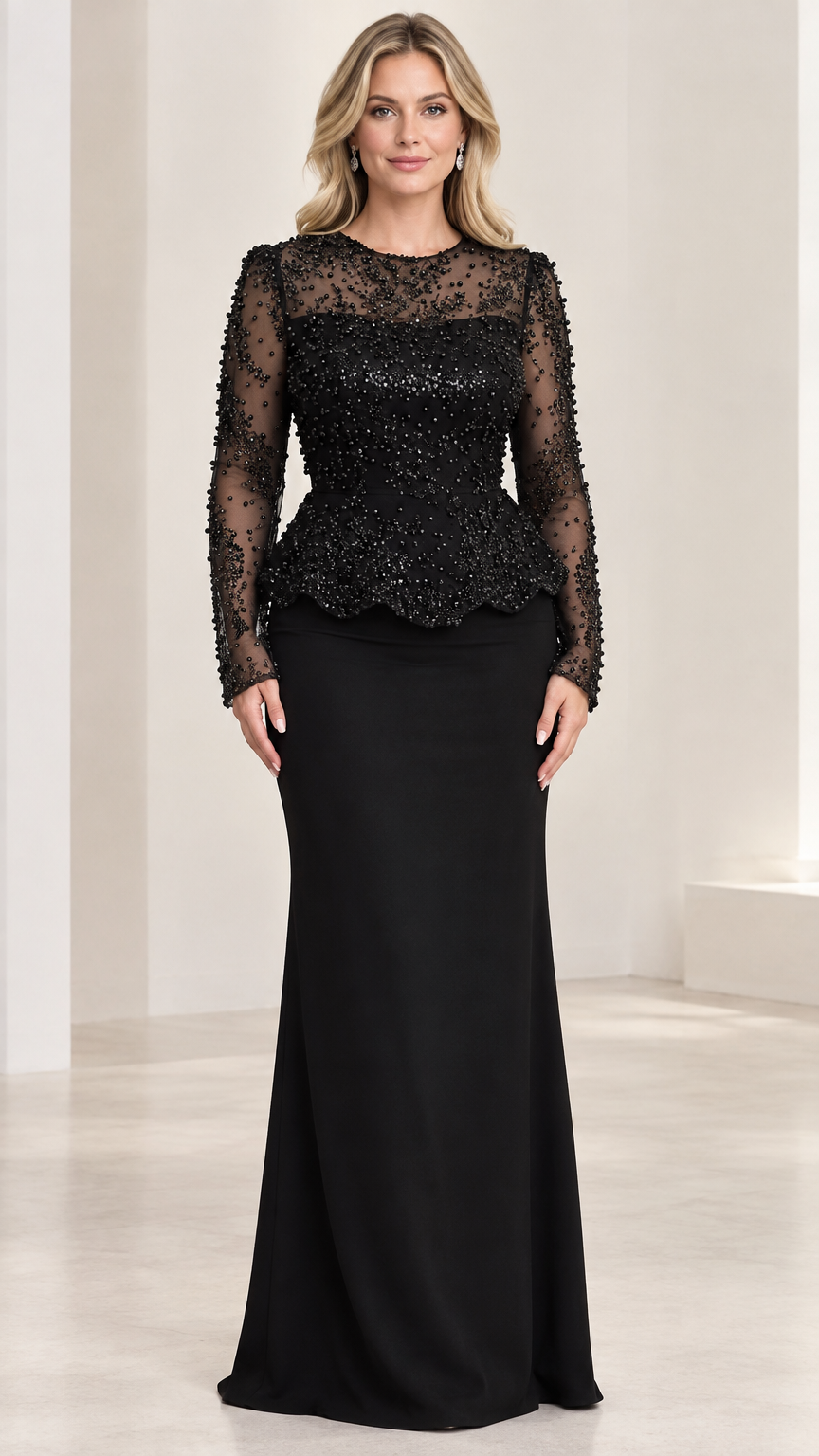 Front full-length view of black sequin beaded peplum long sleeve evening gown