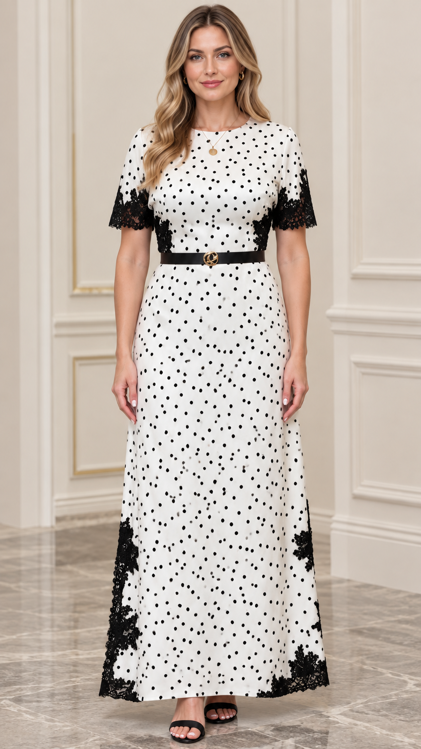 Front full-length view of woman wearing white polka dot maxi dress with black lace trim and belt