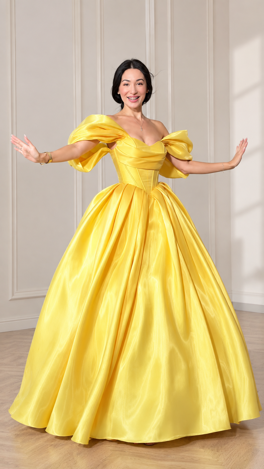 Front view of model wearing a bright yellow off-shoulder puff sleeve corset ball gown