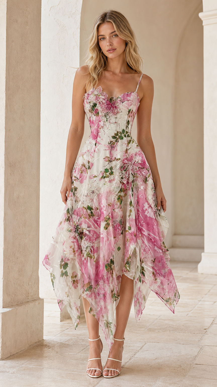 Front view of model wearing white floral asymmetric handkerchief midi dress with spaghetti straps