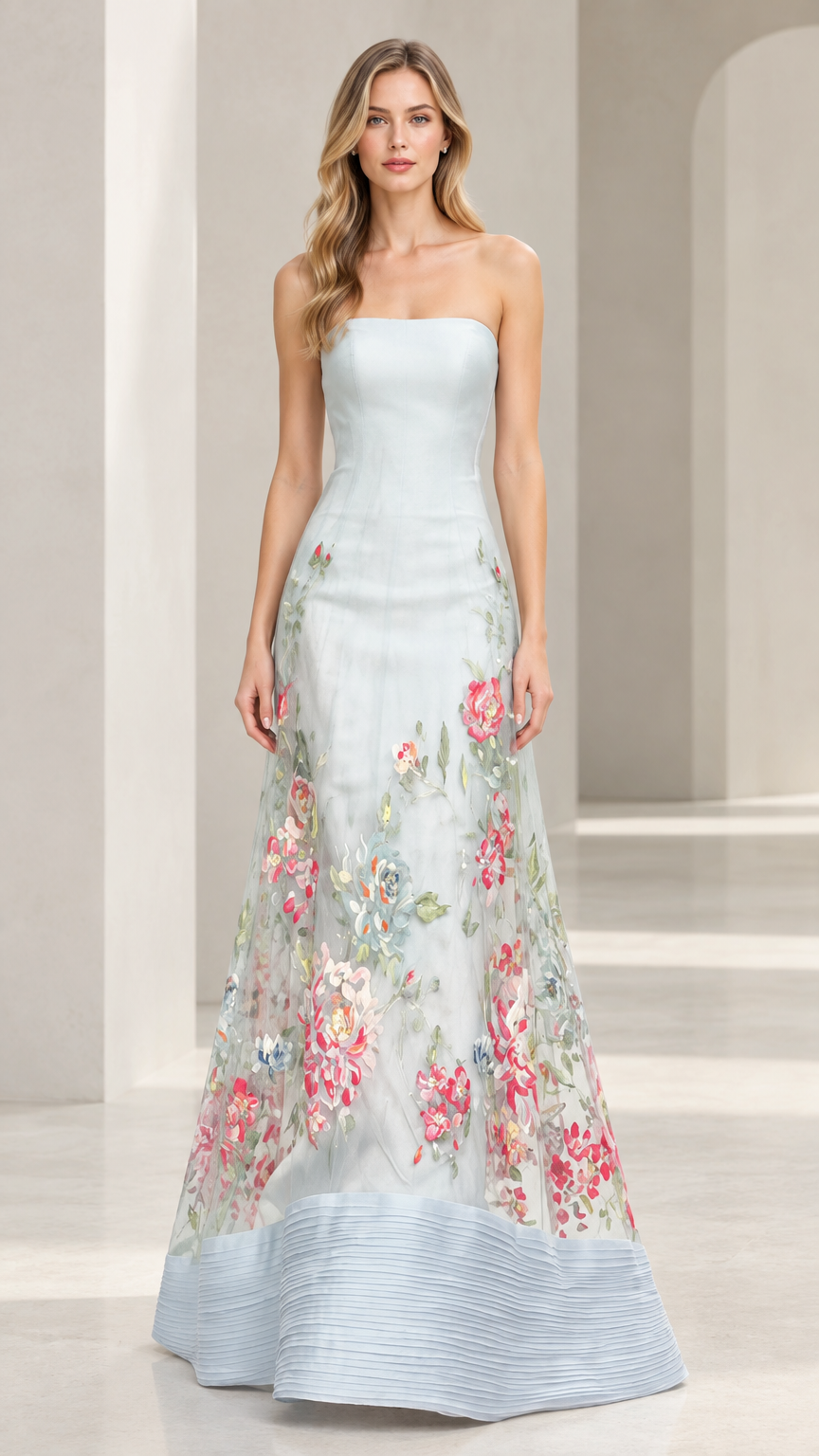 Front view of light blue strapless floor-length evening gown with floral embroidery