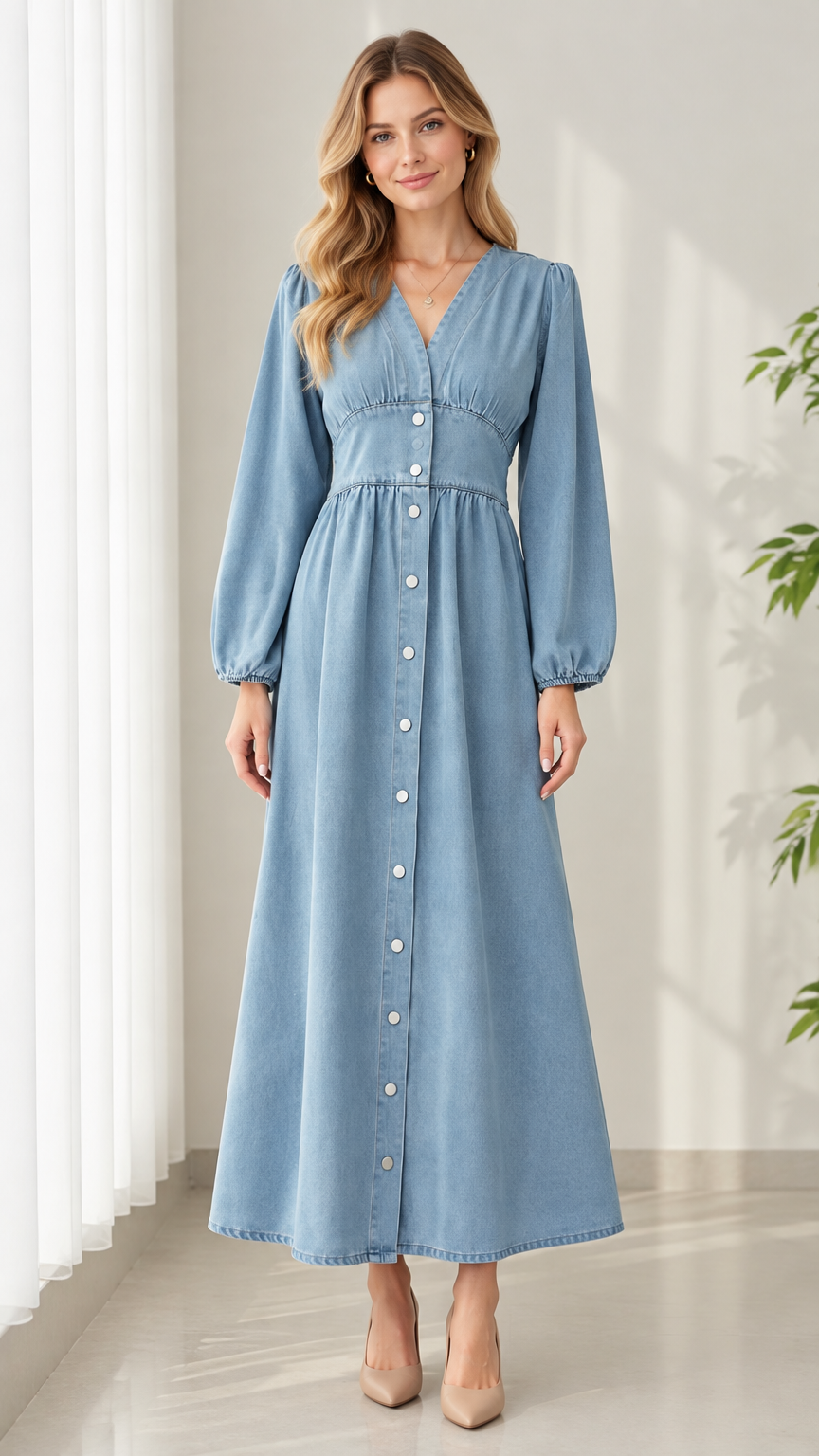 Front full-length view of model wearing Light Blue V-neck button-down denim maxi dress