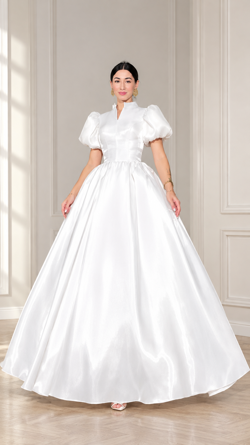 Front full view of white puff sleeve satin ball gown with high neck