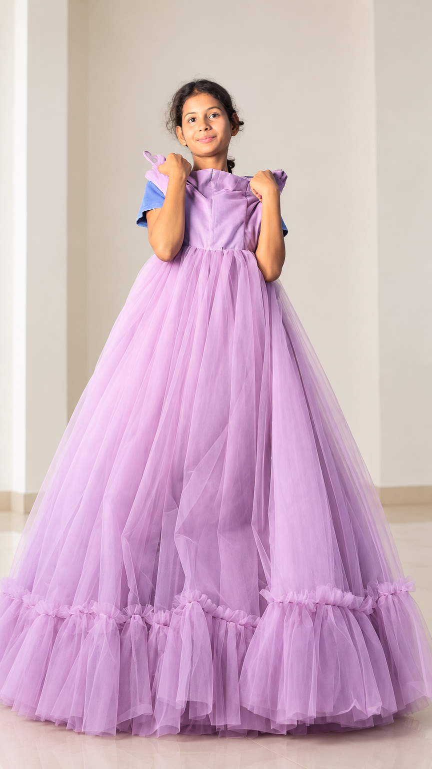 Front view of model wearing lilac layered tulle ball gown with ruffled shoulder straps