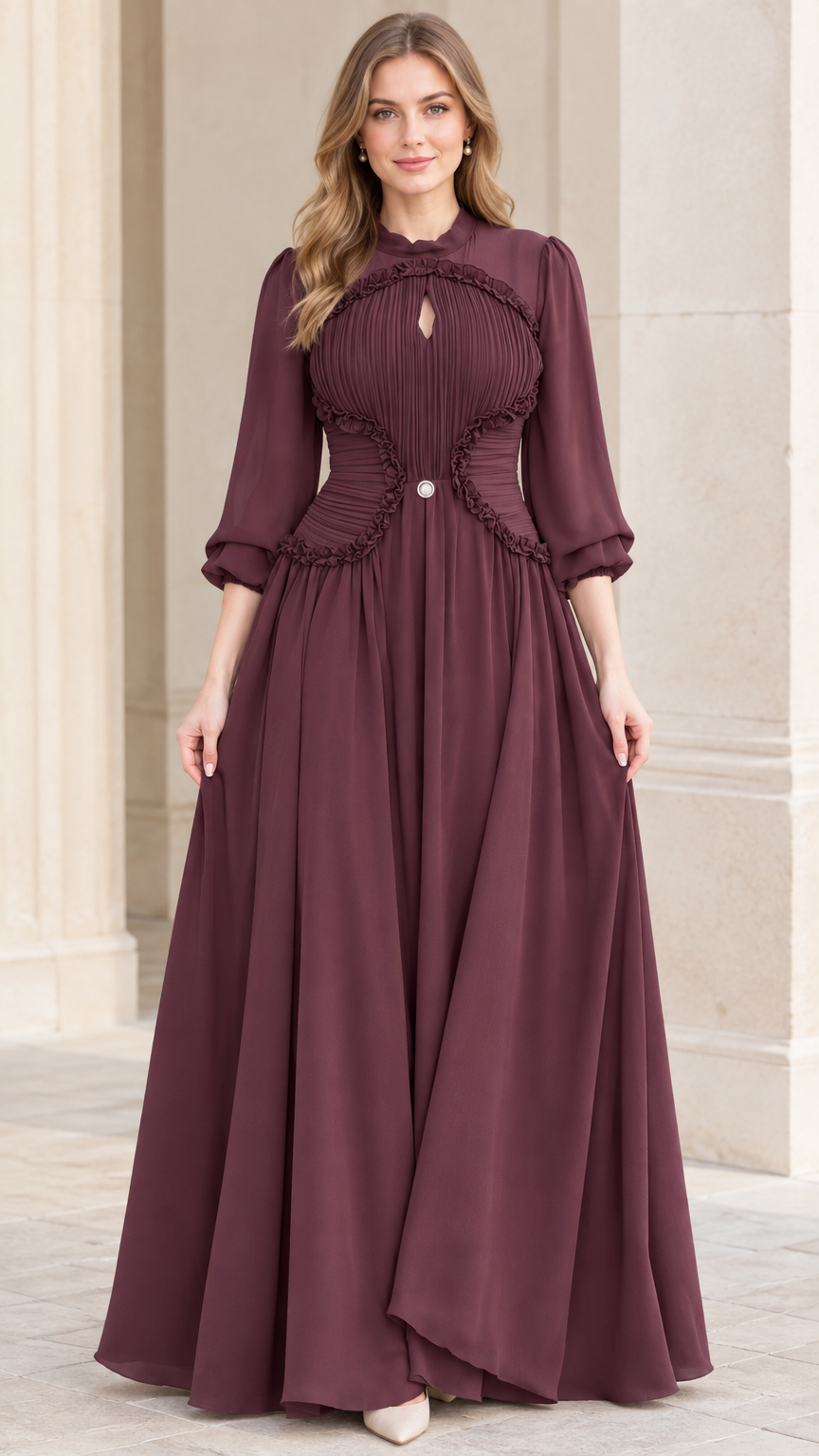 Burgundy long sleeve pleated evening maxi dress front view
