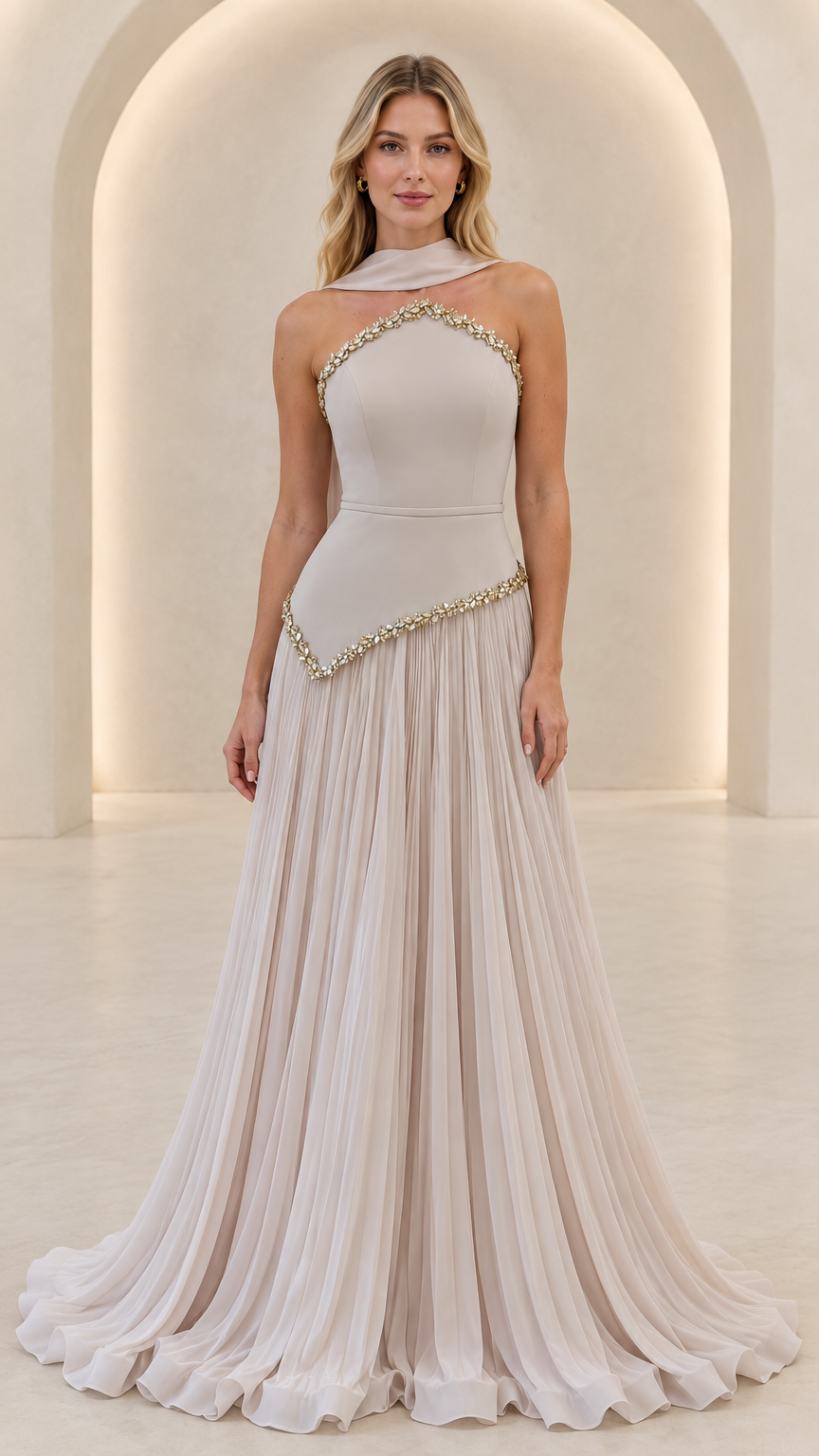 Front view of light grey sleeveless halter evening gown with crystal trim and pleated skirt