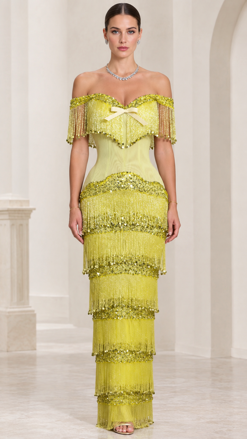 Front view of model wearing chartreuse off-shoulder fringe sequin corset evening gown