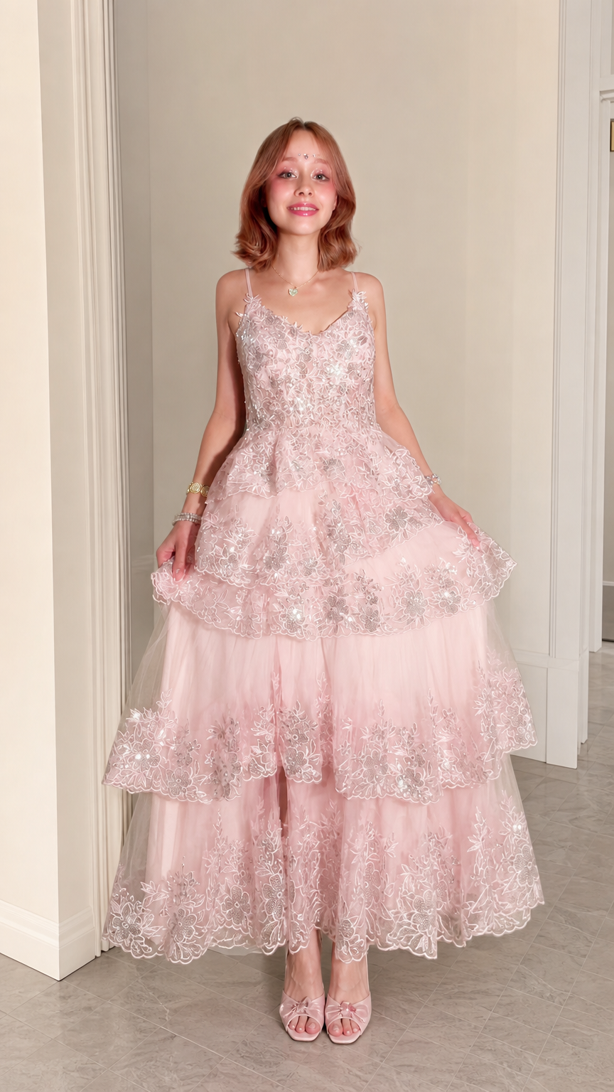 Blush Pink Sequined Tiered Tulle Maxi Evening Gown Front View