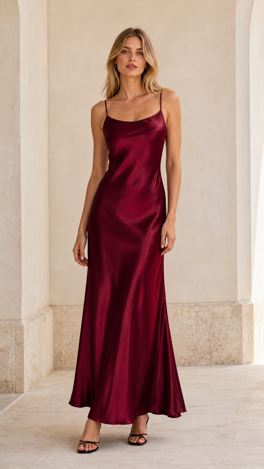 Front view of model wearing burgundy satin maxi slip dress