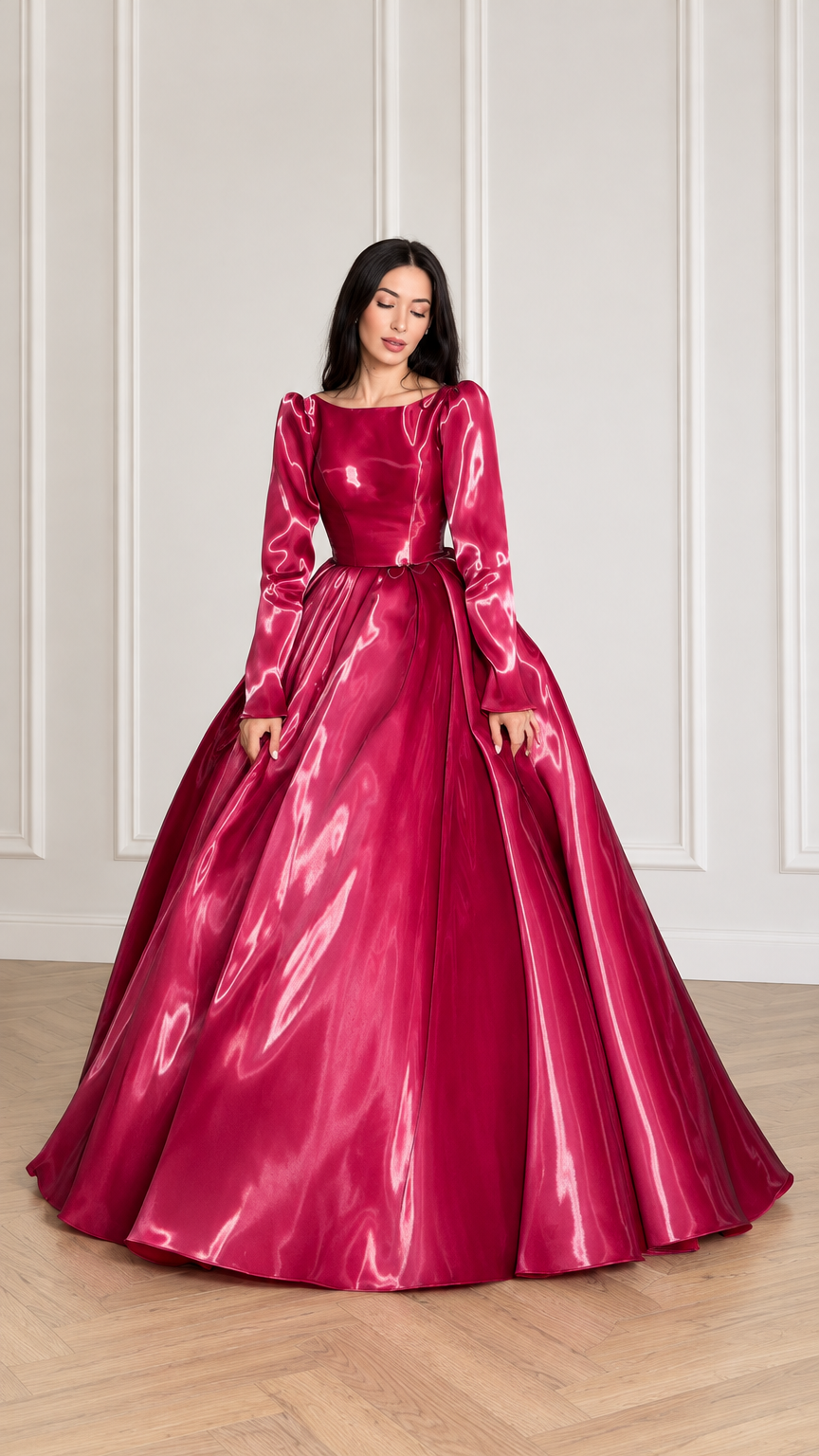 Front view of model wearing magenta glossy long sleeve satin ball gown