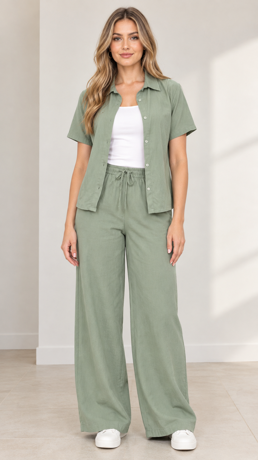 Full front view of model wearing Sage Green short-sleeve shirt and wide-leg drawstring pants two-piece set