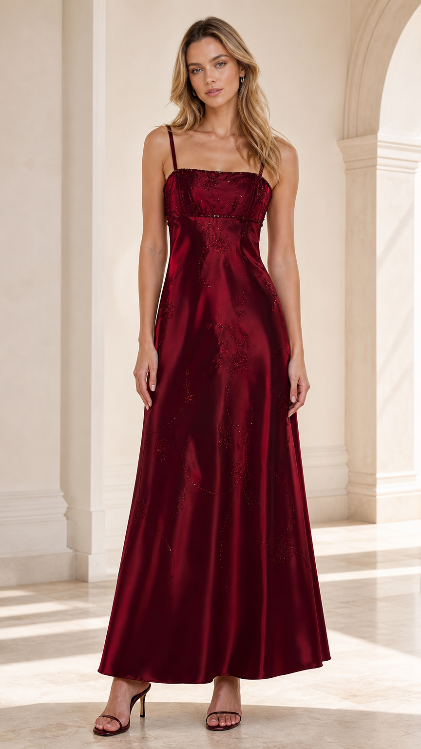 Front view of woman wearing Burgundy embroidered satin spaghetti strap maxi dress