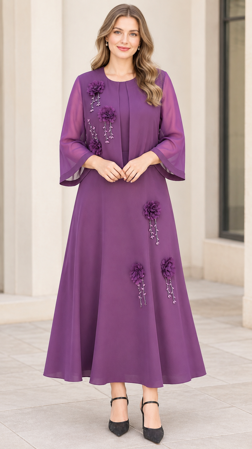 Full front view of woman wearing purple floral appliqué chiffon maxi dress with matching 3/4-sleeve jacket