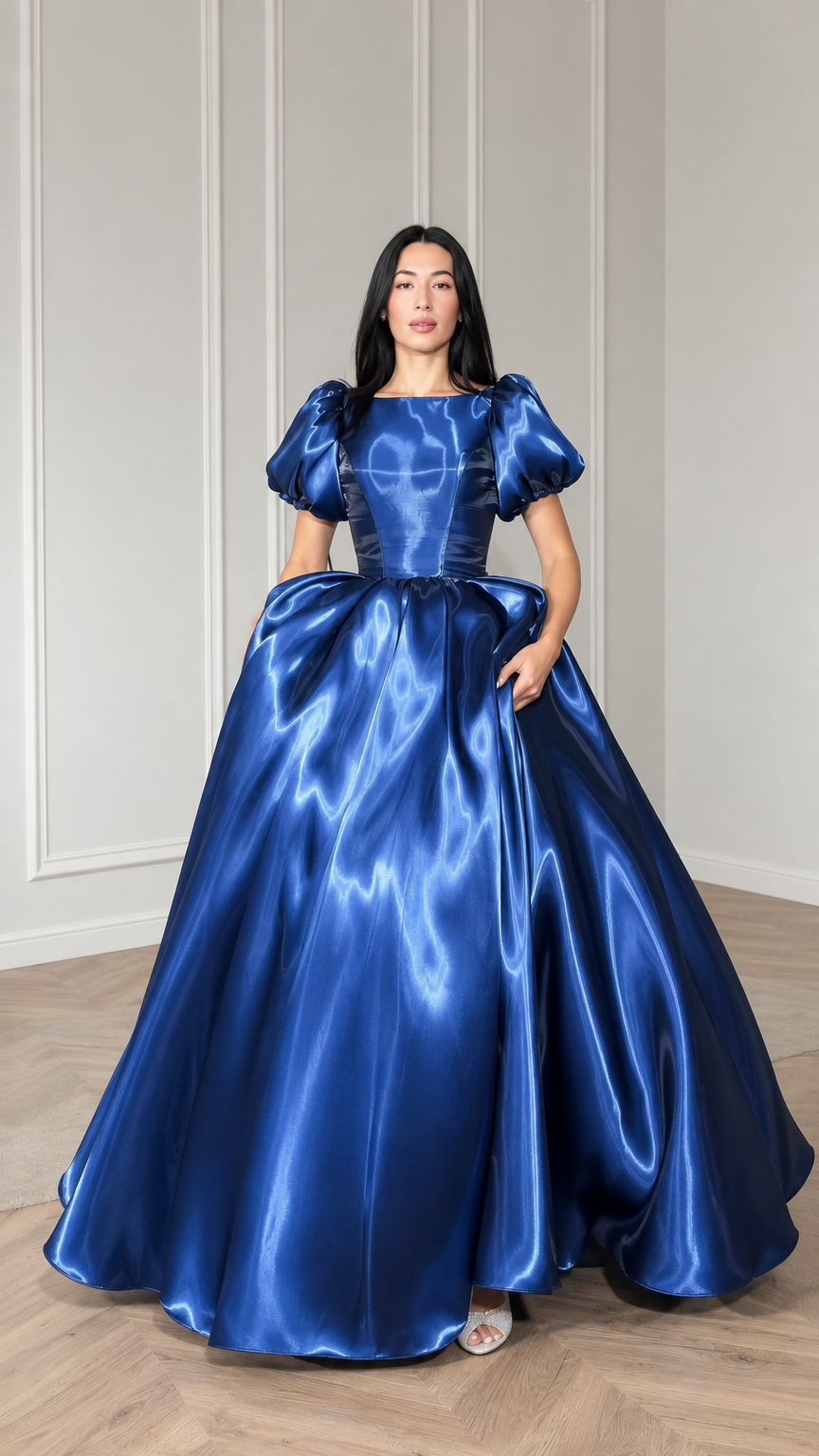 Front full-length view of royal blue puff sleeve satin ball gown