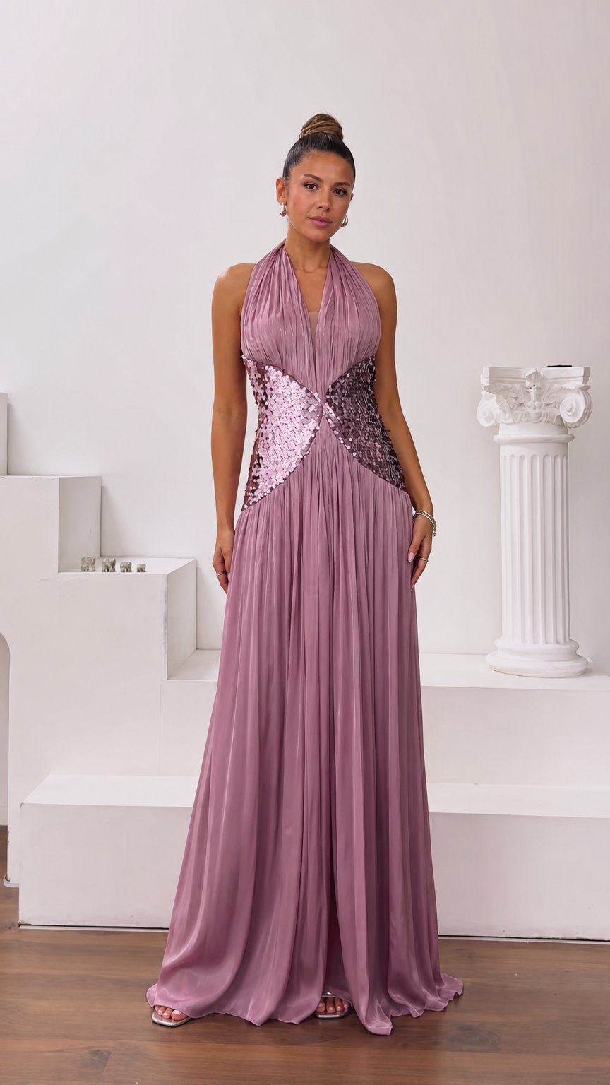 Mauve halter neck pleated maxi dress with sequined waist front view