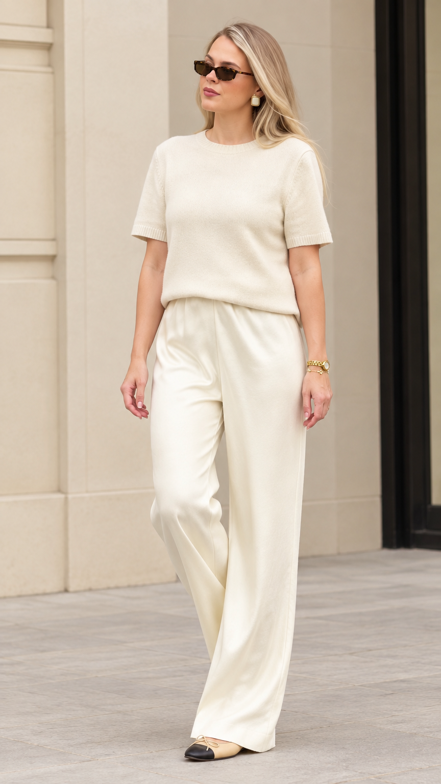 Front full view of women's cream textured knit short sleeve top and wide leg pants set