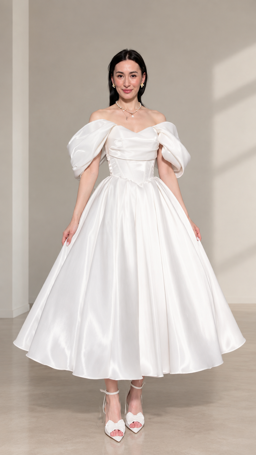 Front view of woman wearing white off-the-shoulder puff sleeve corset midi dress