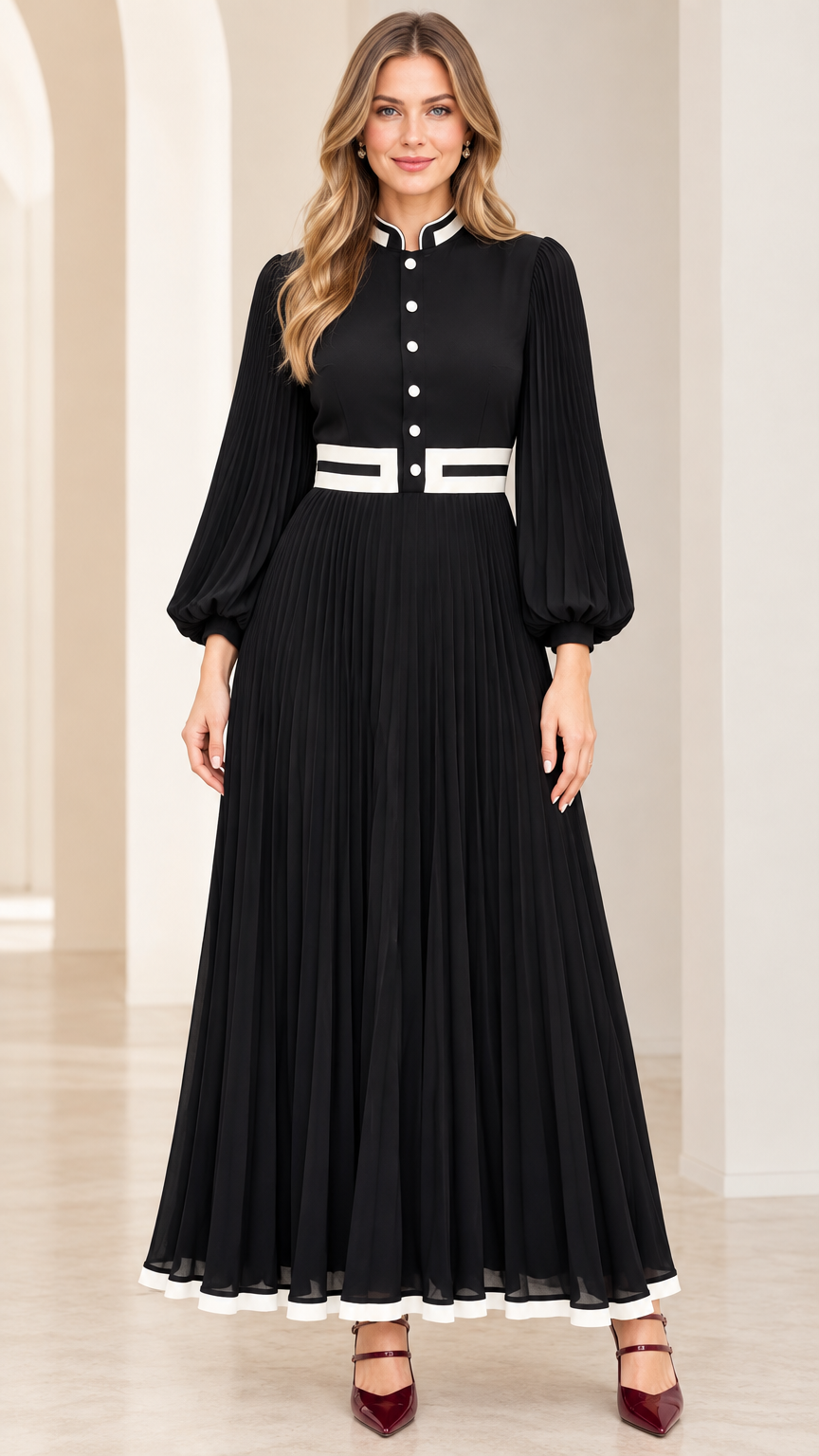 Front view of black long sleeve pleated maxi dress with white contrast trim and stand collar