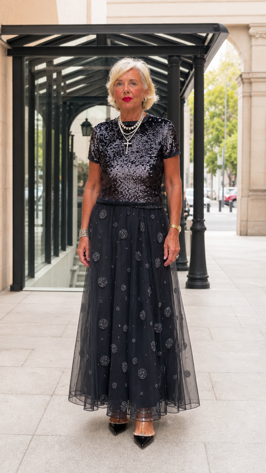 Full front view of elegant black sequin top and polka dot tulle maxi skirt set