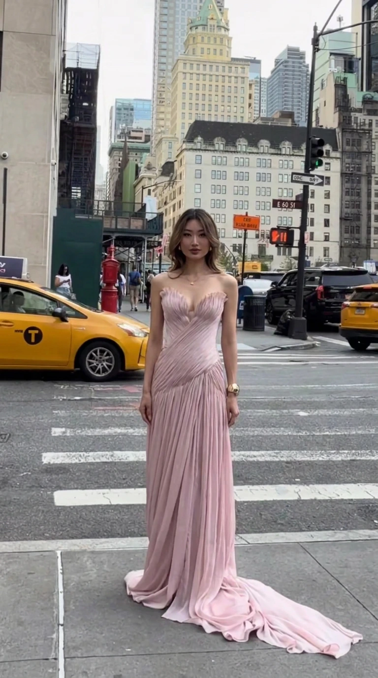 Front full-length view of woman in blush pink strapless pleated chiffon evening gown with train