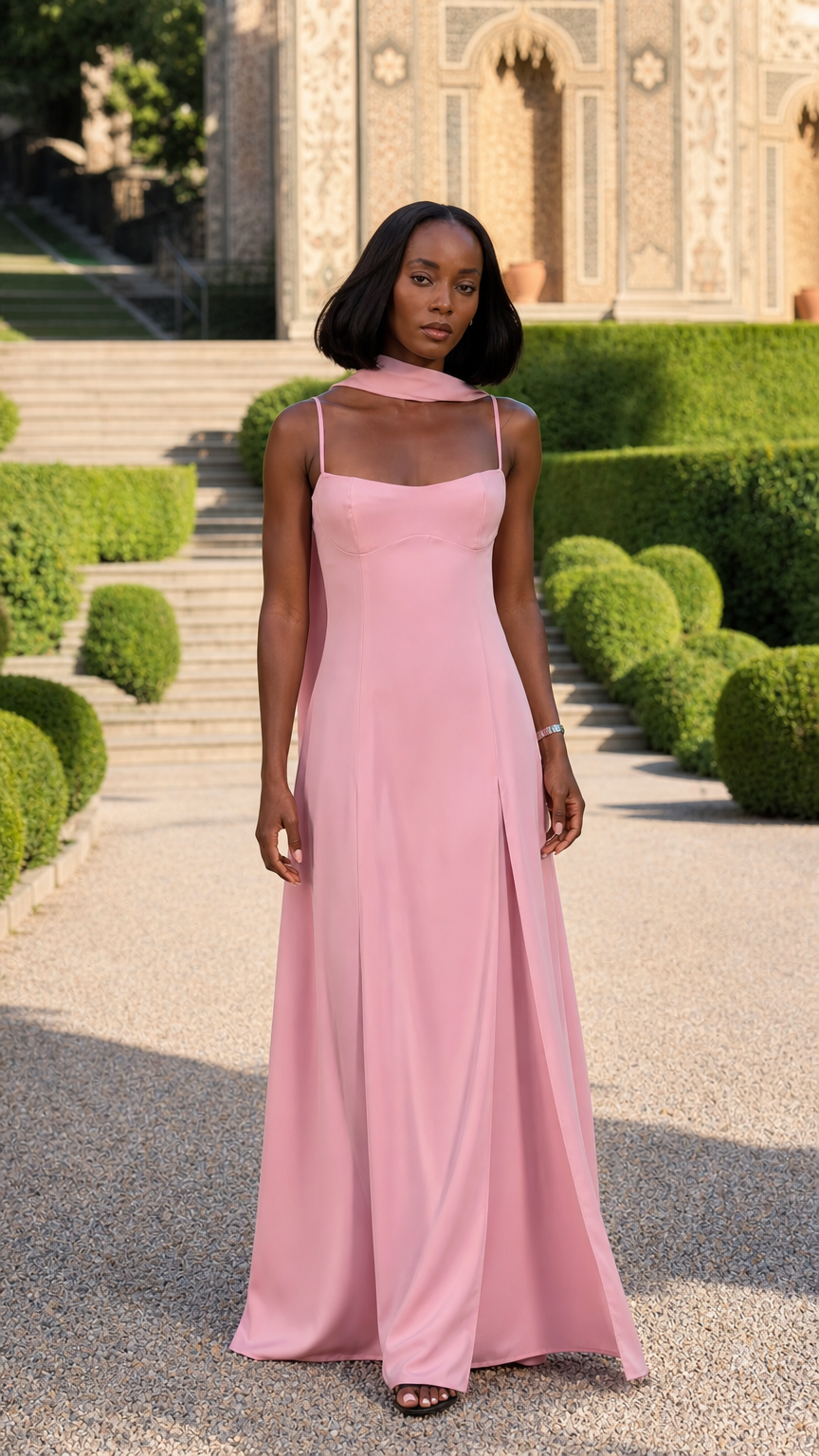 Front view of woman wearing dusty pink spaghetti strap maxi dress with neck scarf