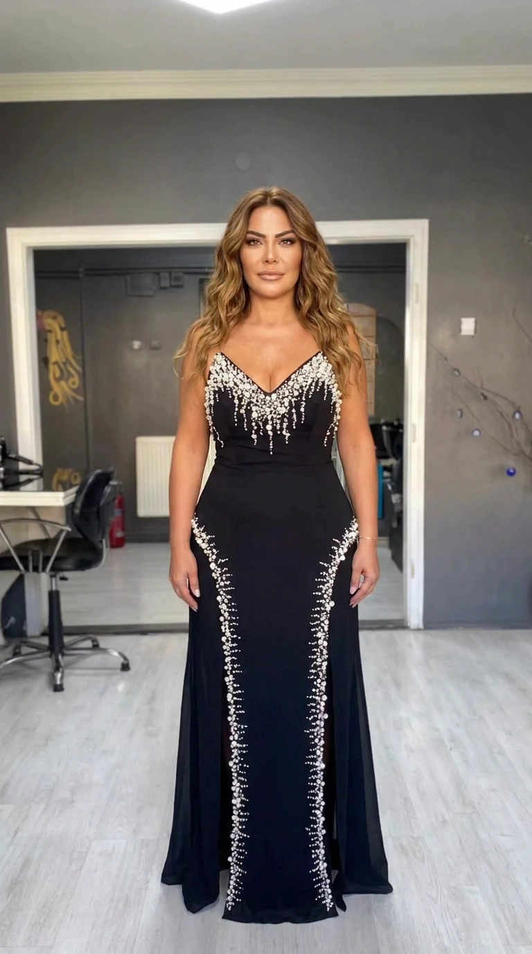 Front view of woman wearing black floor-length gown with pearl embellishments