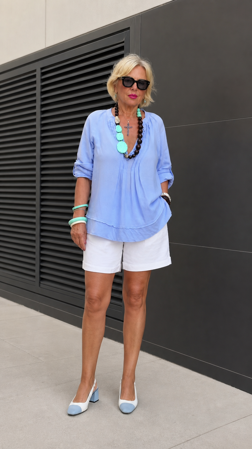Full front view of model wearing Light Blue pleated split neck tunic blouse with white shorts