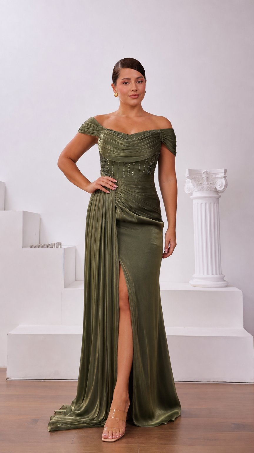 Olive Green off-the-shoulder ruched evening gown with high leg slit and beaded waist