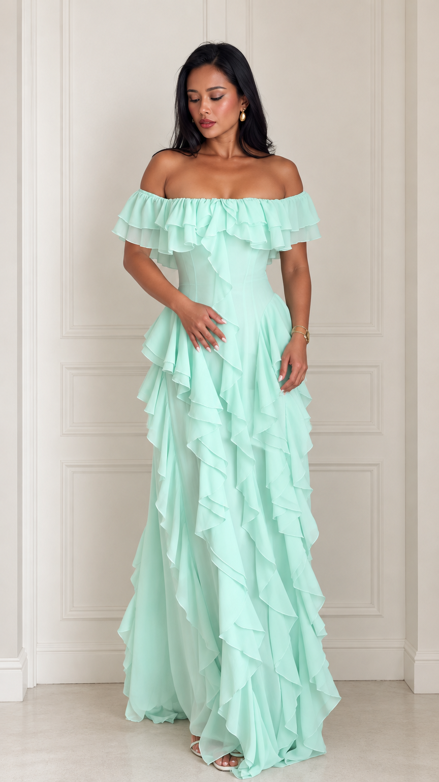 Full front view of model wearing a mint green off-the-shoulder tiered ruffle maxi evening dress