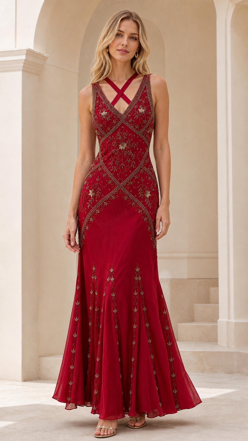 Front view of woman wearing burgundy beaded crossover strap maxi evening gown