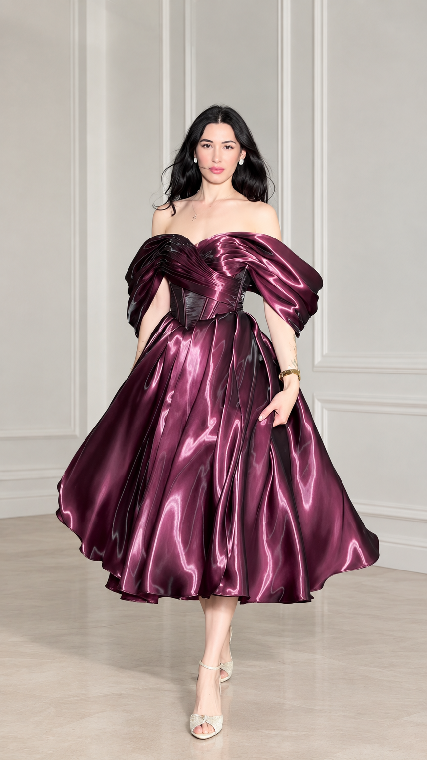 Front view of woman wearing wine red off-shoulder corset satin midi dress
