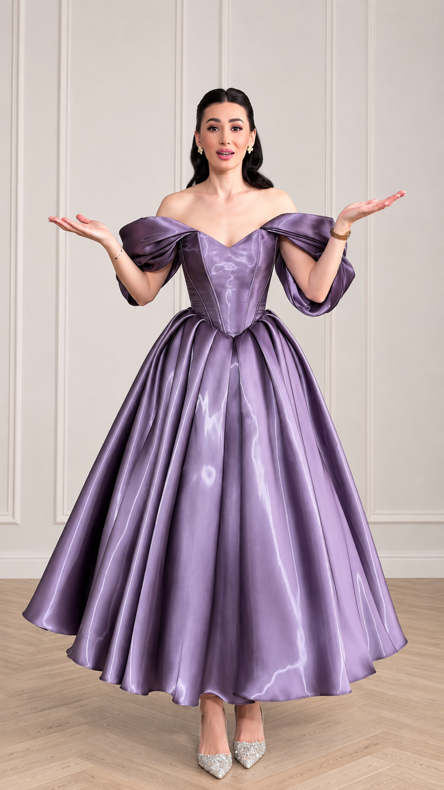 Front view of woman wearing purple off-the-shoulder corset satin ball gown with puff sleeves