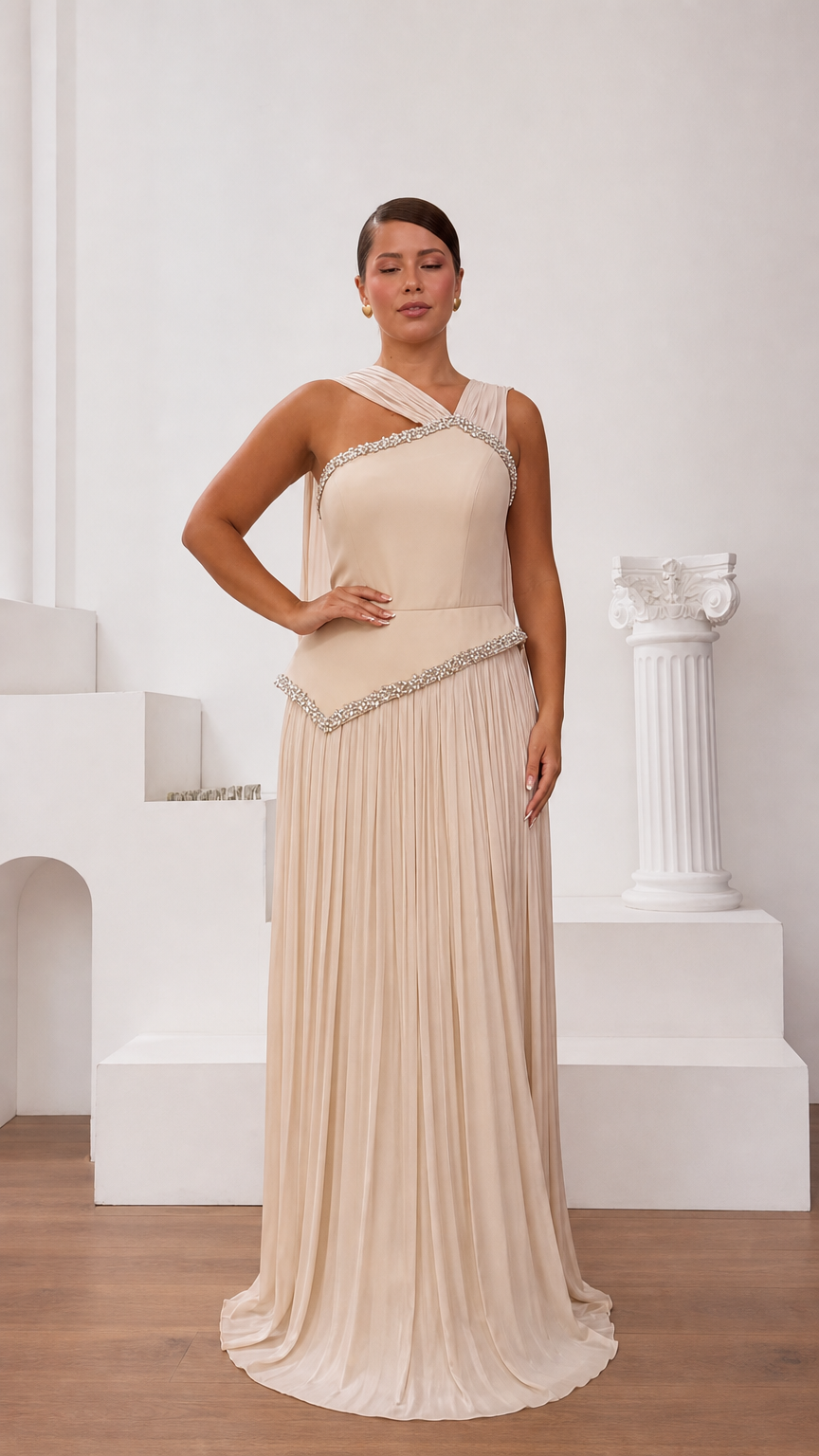 Front view of champagne one-shoulder pleated evening gown with beaded trim