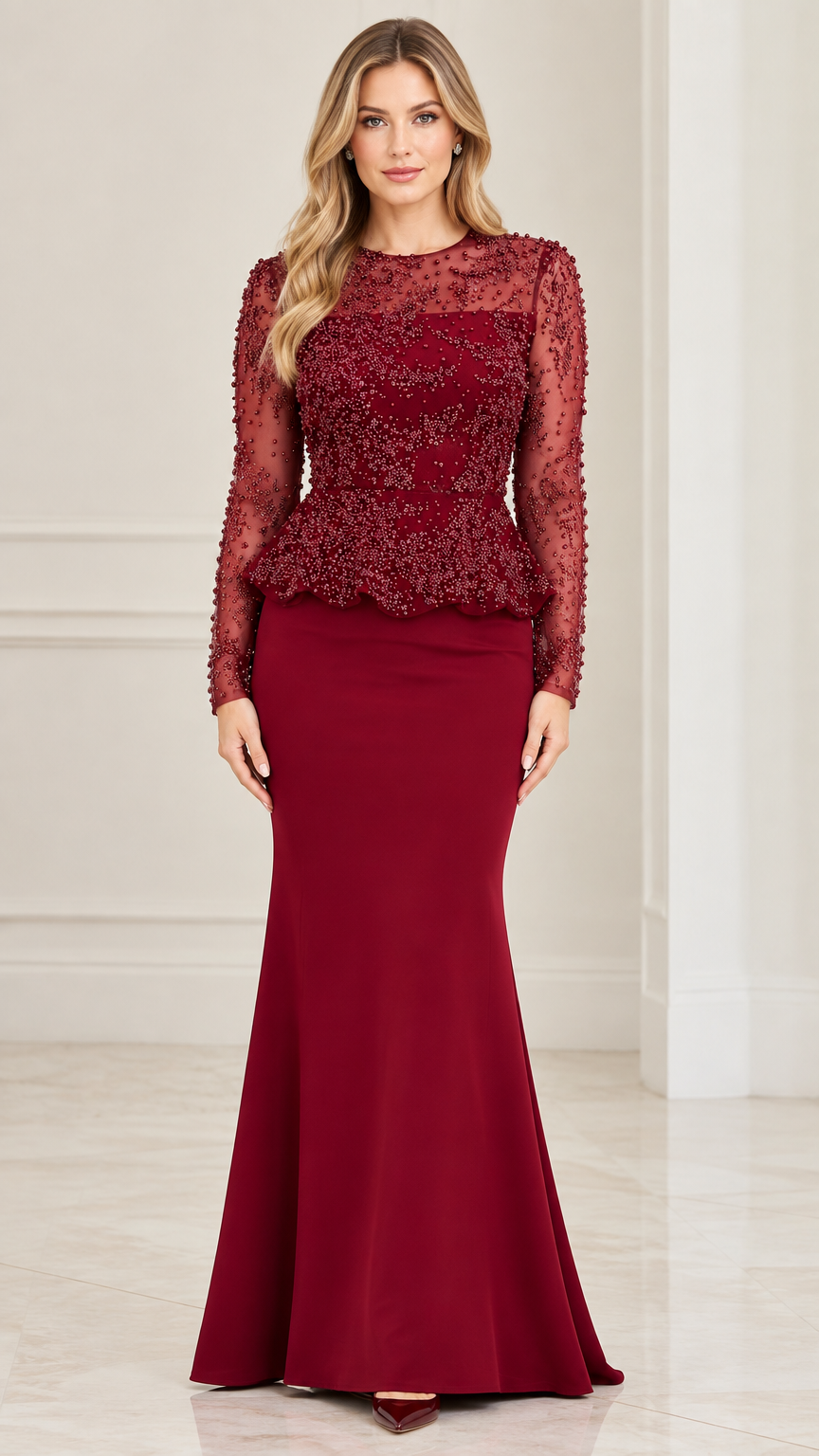 Front full-length view of woman wearing burgundy long sleeve beaded peplum maxi evening dress