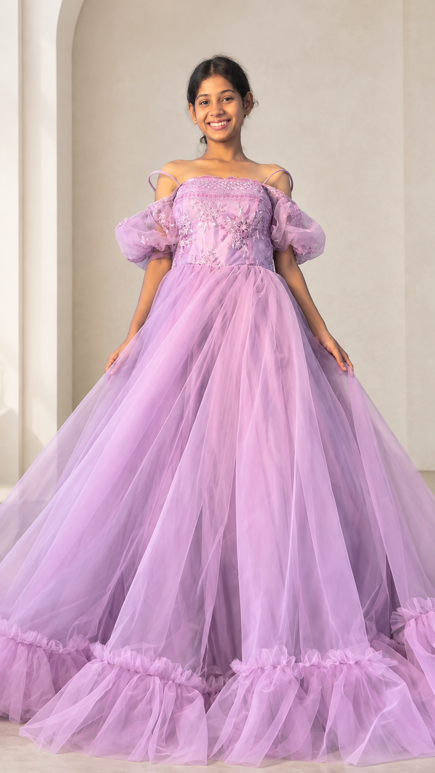 Full front view of lavender embroidered tulle off-shoulder ballgown with puff sleeves