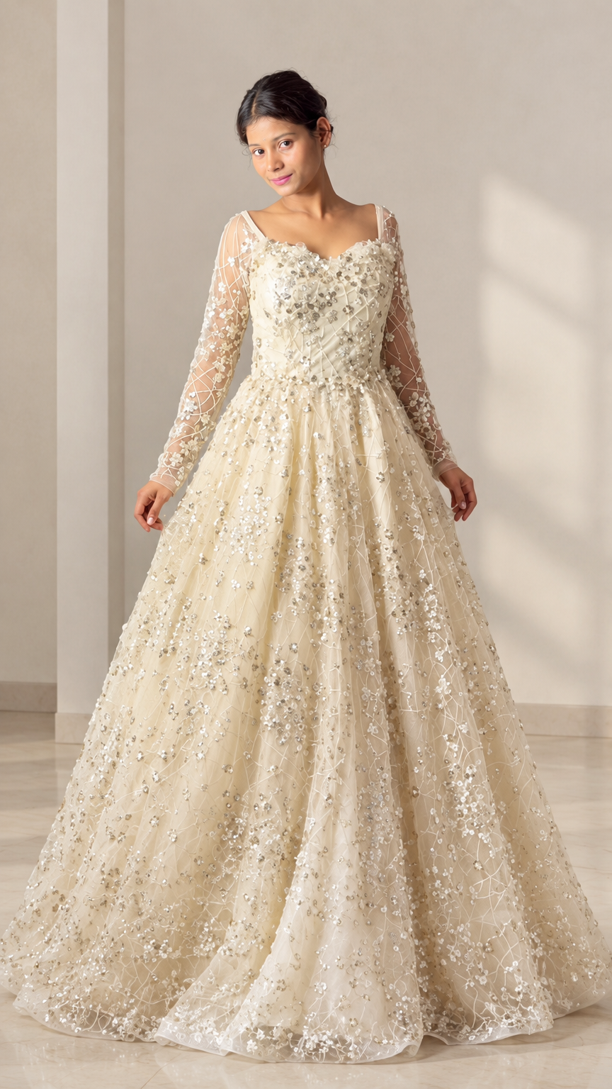 Champagne long sleeve floral sequin ballgown evening dress front view