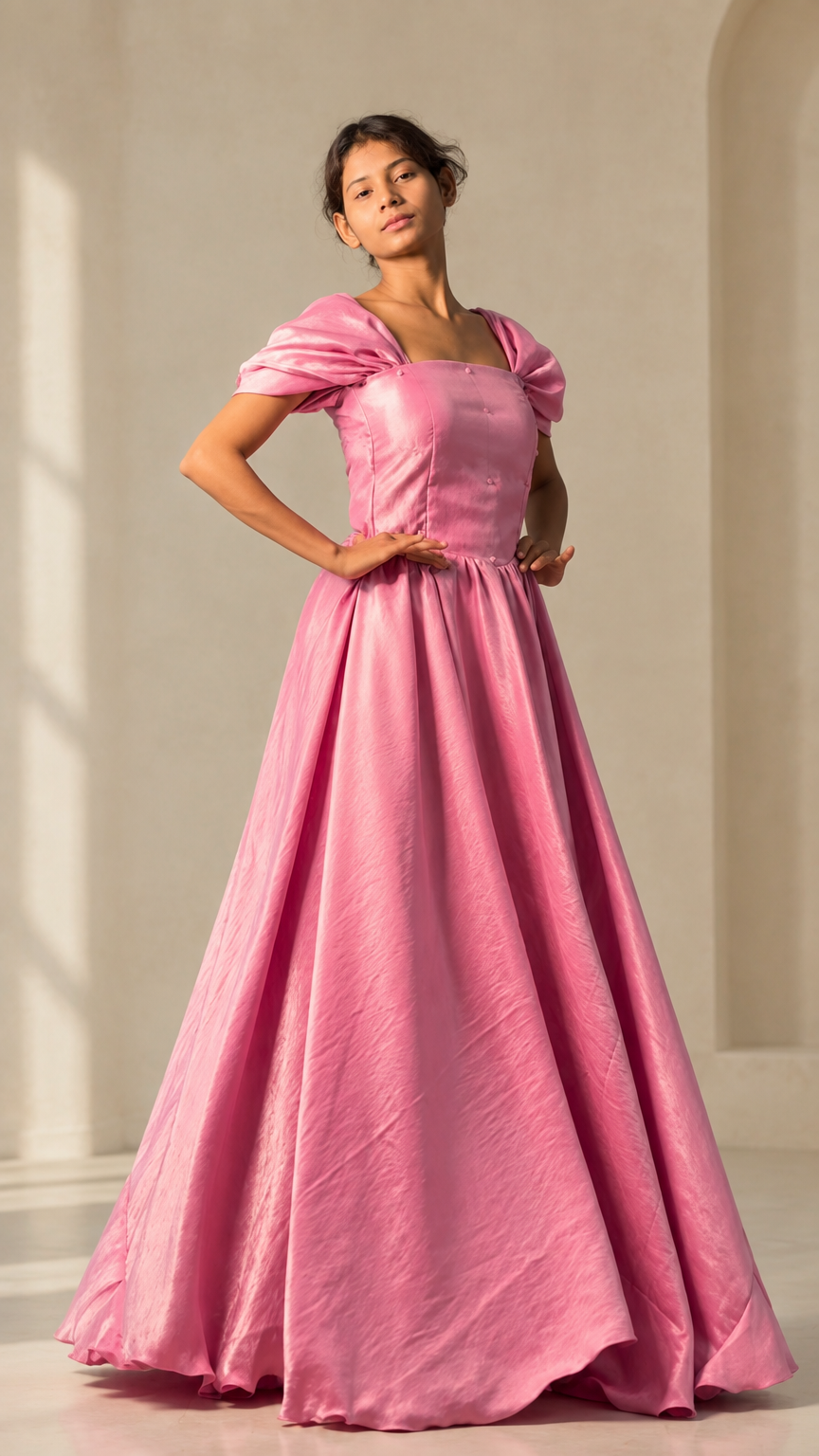 Full-length front view of model wearing pink square neck puff sleeve maxi ball gown