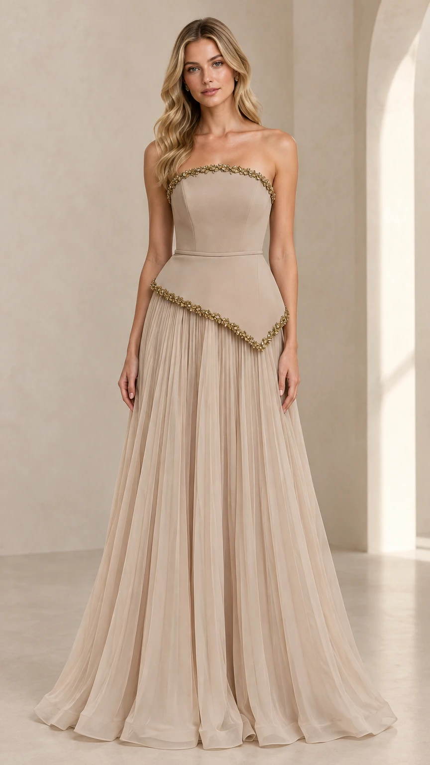 Sleeveless Crystal Embellished Halter Maxi Evening Gown with Pleated Skirt