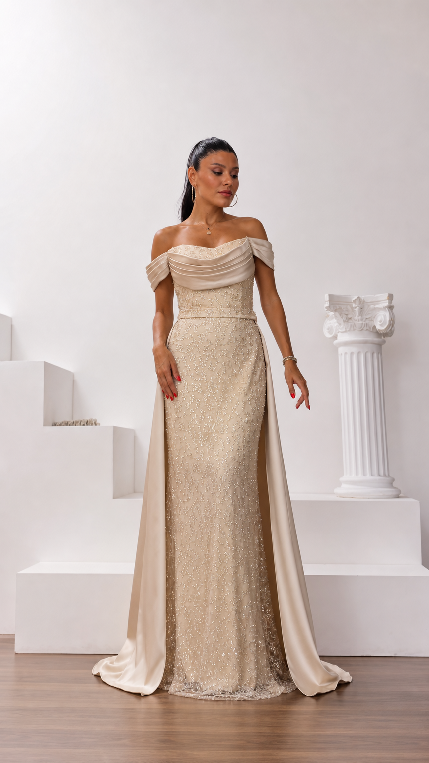 Champagne off-the-shoulder sequin formal evening gown with draped satin overskirt front view