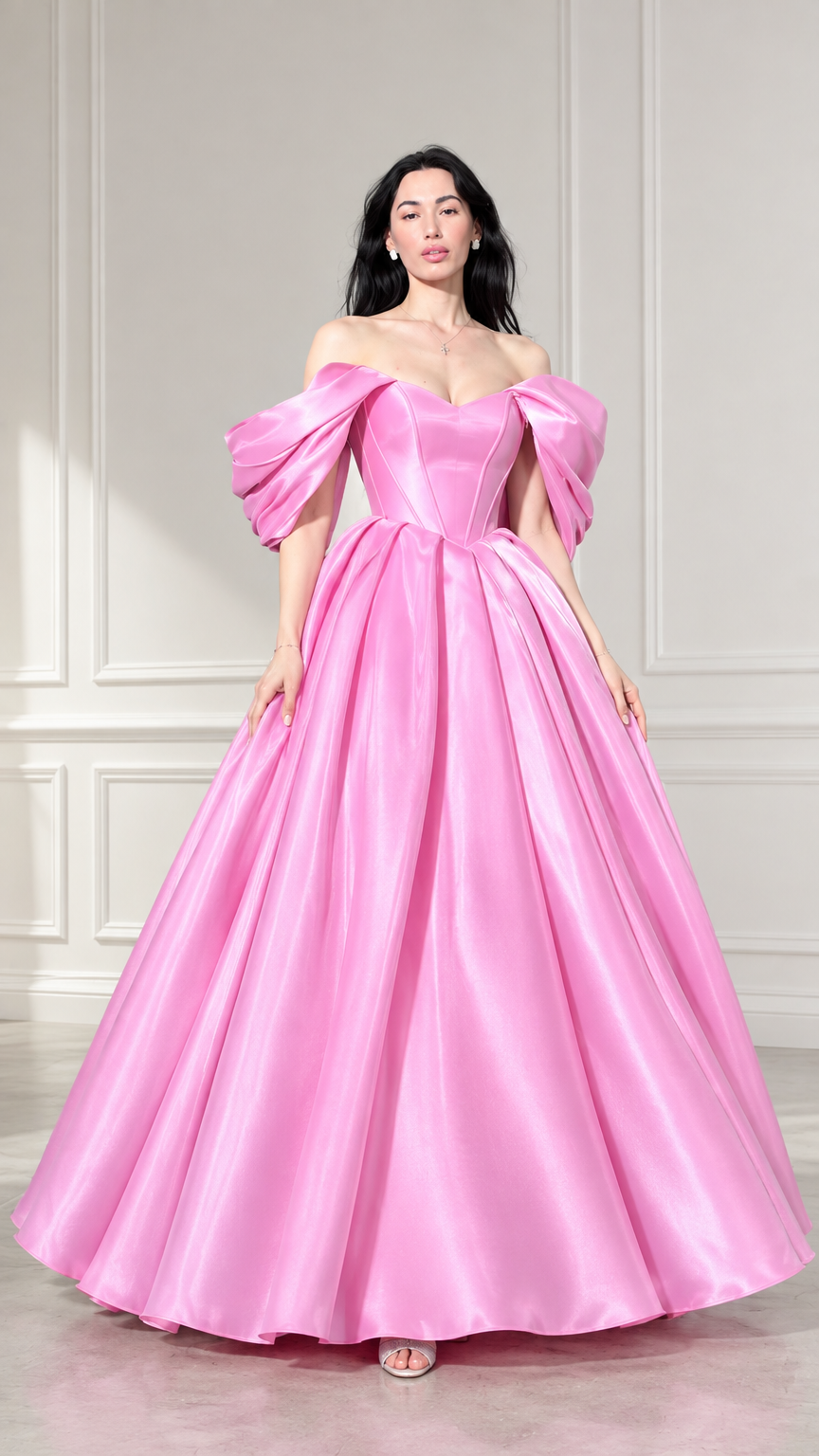 Front view of woman wearing pink off-the-shoulder corset satin ball gown with puff sleeves