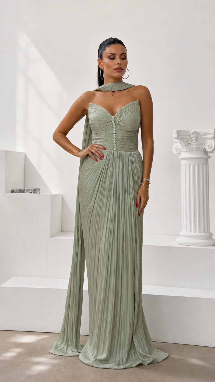 Sage green pleated sweetheart strapless maxi evening dress with draped neck scarf front view