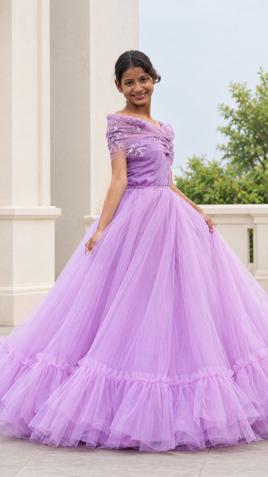 Full front view of a woman wearing a lavender off-the-shoulder floral embroidered tulle ball gown