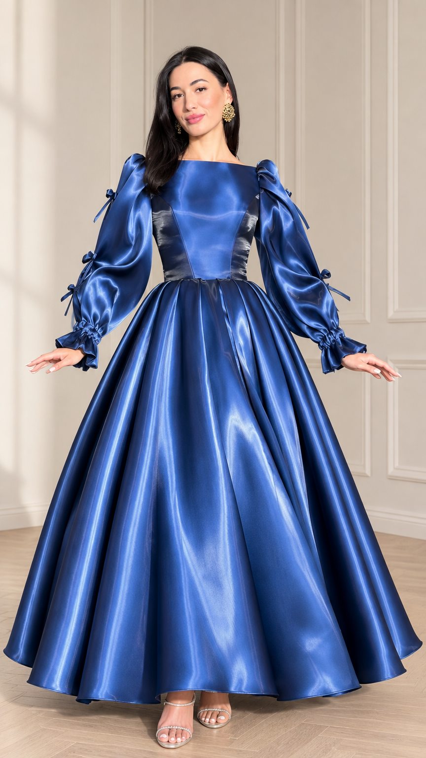 Front full-length view of royal blue satin ball gown with puff sleeves and boat neckline