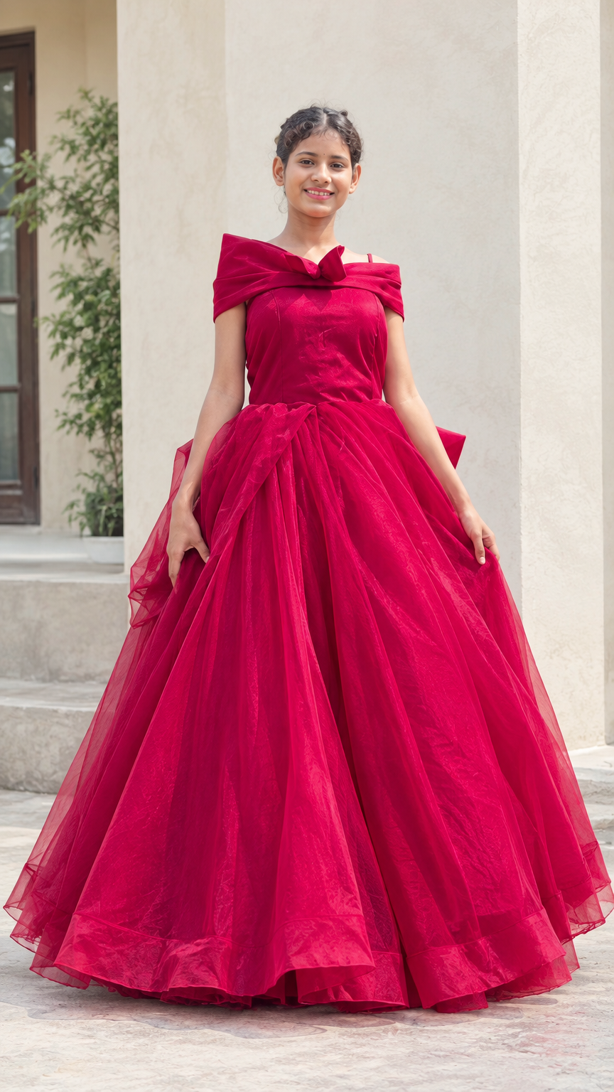 Front view of woman wearing red off-the-shoulder tulle ball gown with bow accent